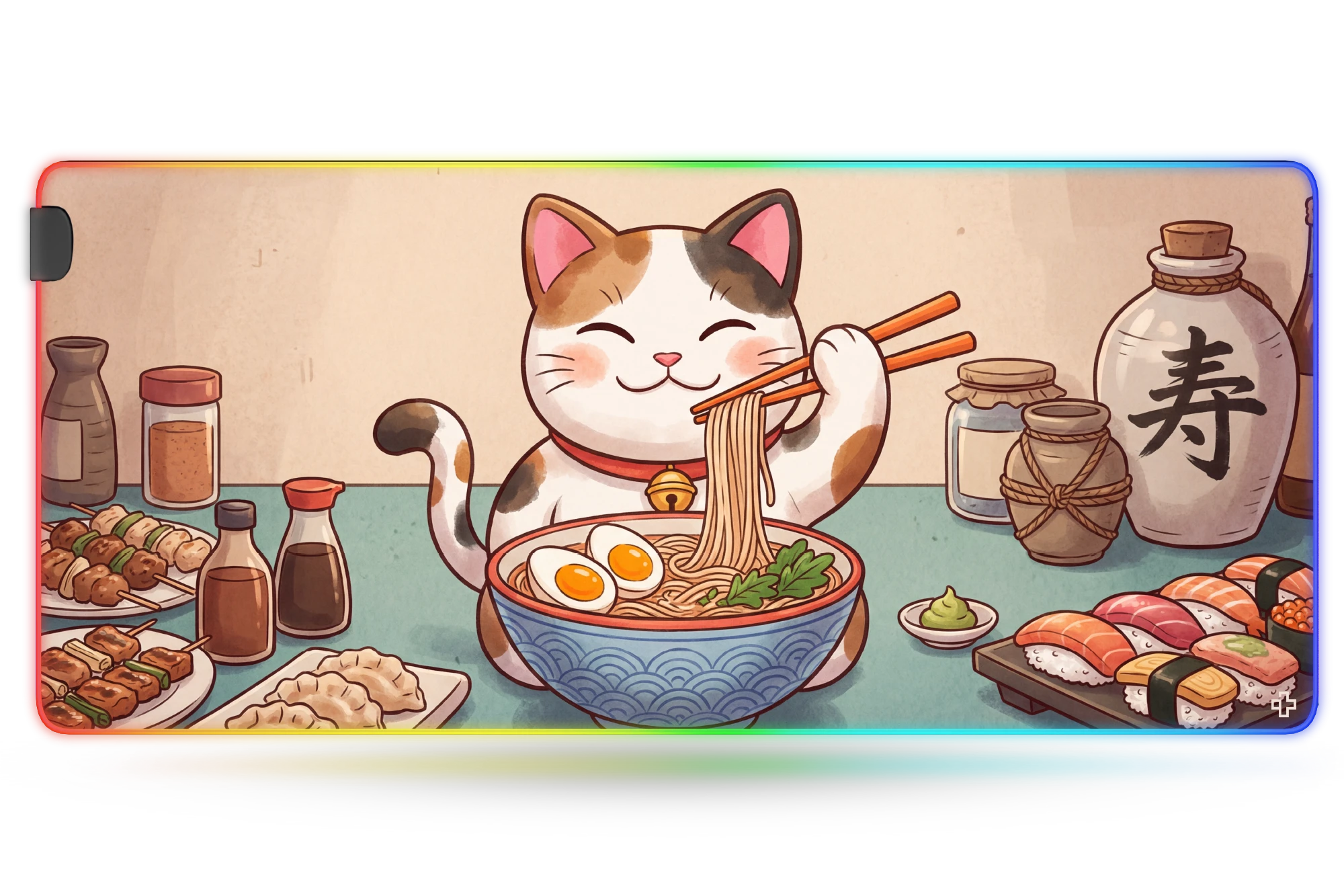Deskmat Mousepad Lucky Neko Ramen RGB 4mm Stitched Edges