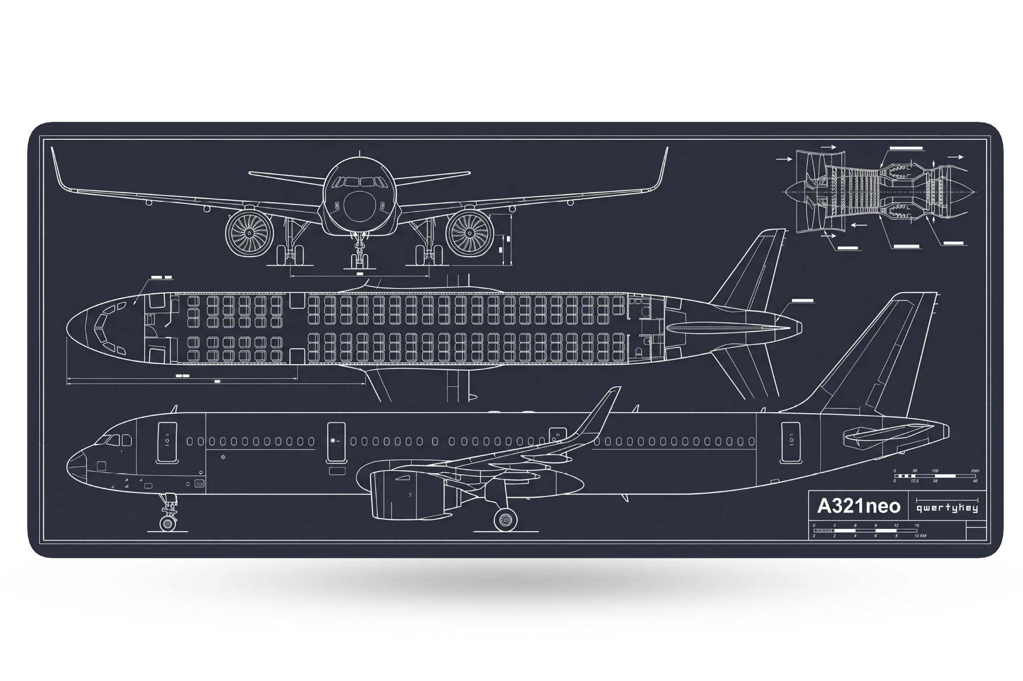 Deskmat Mousepad Plane Blueprint 4mm Stitched Edges